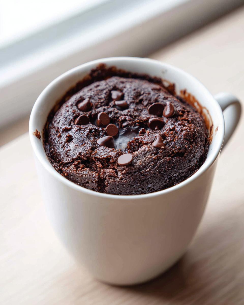 Close-up of a rich, dark chocolate mug cake topped with chocolate chips, ready to eat.