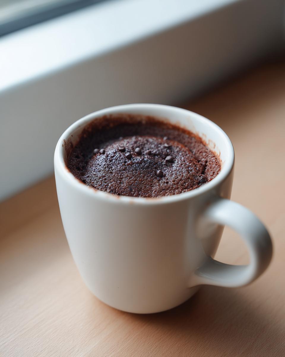 Close-up of a freshly baked, moist chocolate mug cake topped with sprinkles inside a white mug.