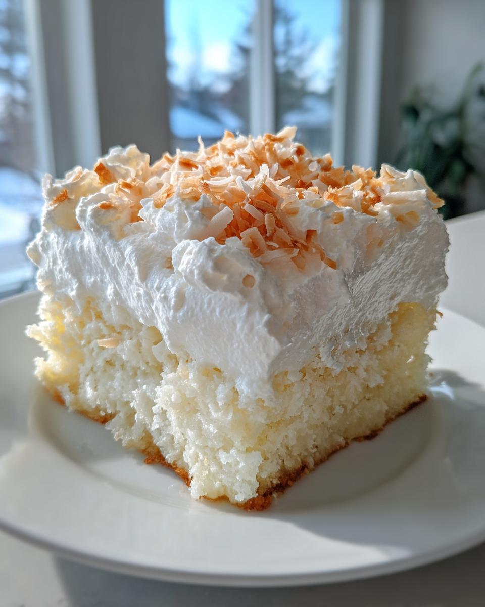 A close-up of a moist slice of coconut poke cake topped with whipped cream and toasted coconut flakes.