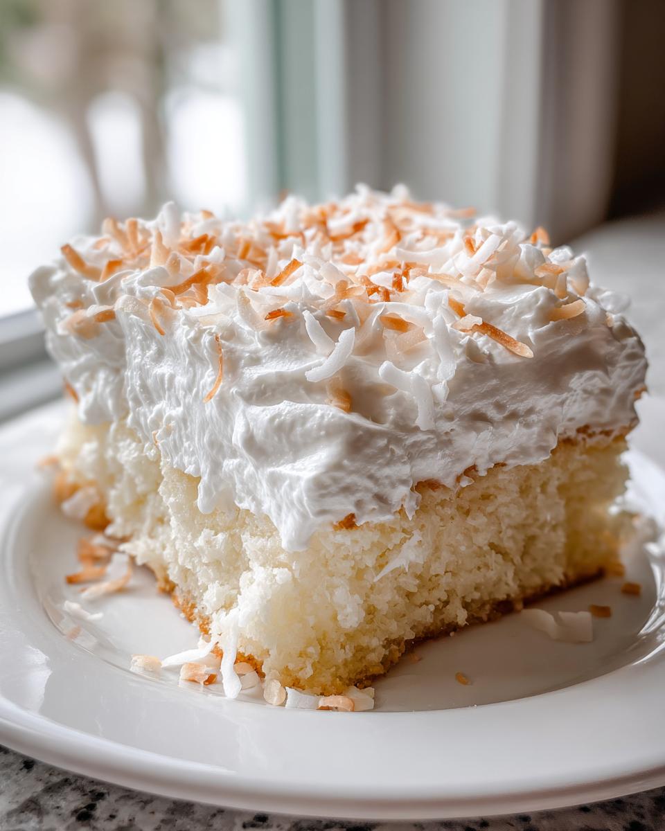 Close-up of a moist slice of coconut poke cake topped with whipped cream and toasted coconut flakes.