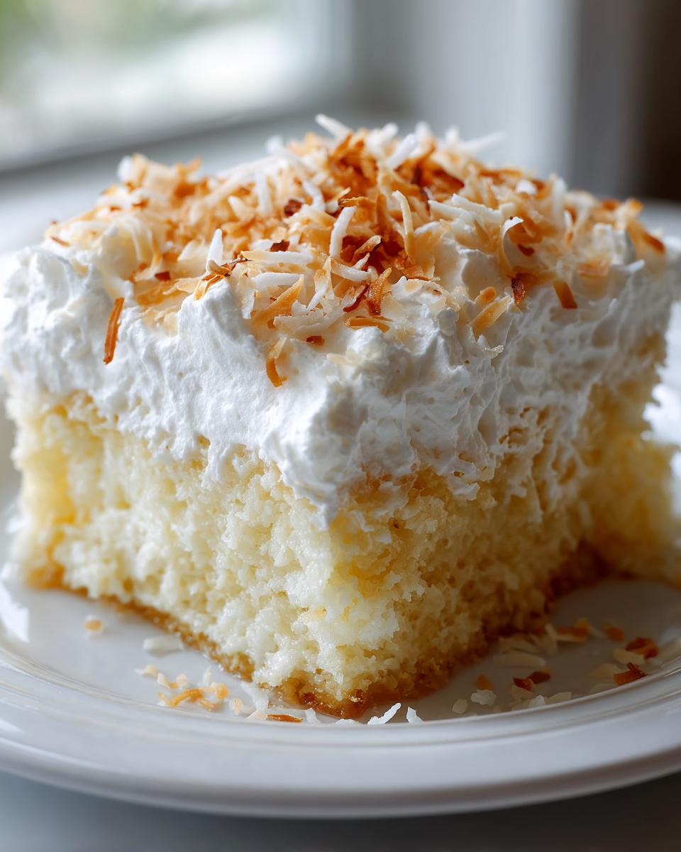 A close-up of a moist slice of coconut poke cake topped with whipped cream and toasted coconut flakes.