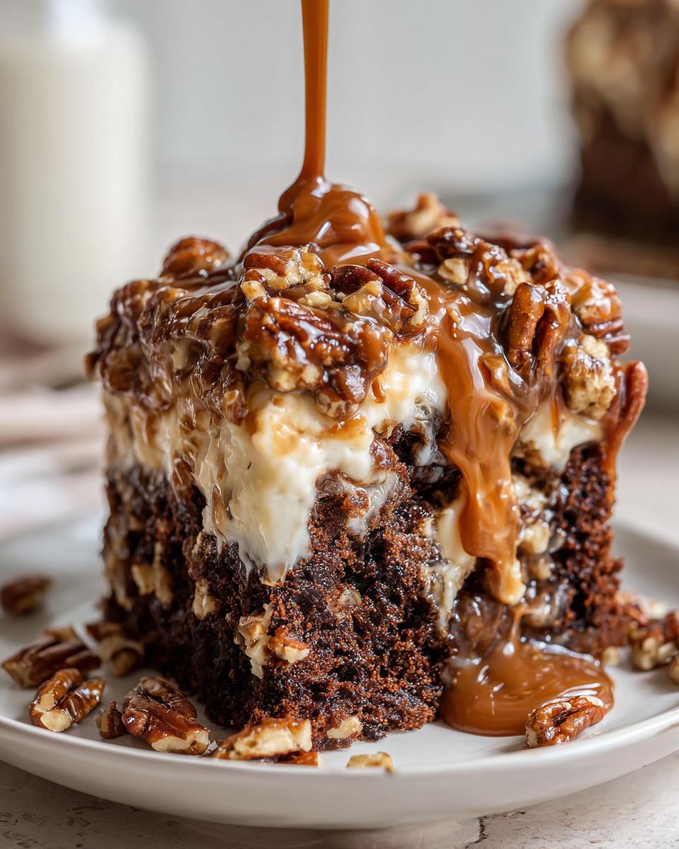 A decadent slice of german chocolate poke cake topped with cream cheese frosting, pecans, and rich caramel sauce being poured over it.