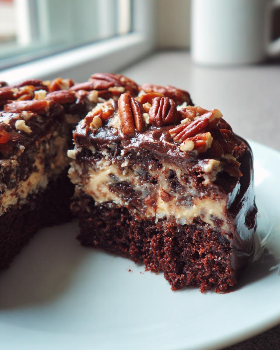 A close-up of a moist slice of german chocolate poke cake showing the dark chocolate cake base and creamy coconut-pecan filling, topped with pecans.