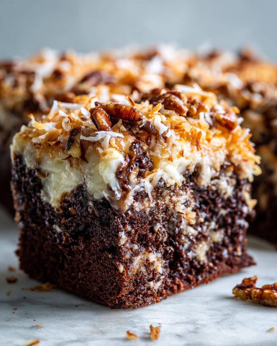 Close-up of a moist slice of german chocolate poke cake showing the dark chocolate cake base and creamy coconut-pecan topping.