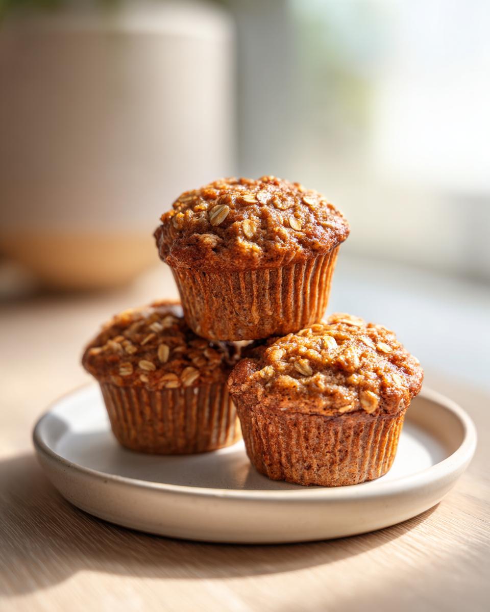Three perfectly baked, moist oatmeal muffins stacked on a small, light-colored plate, topped with visible oats.