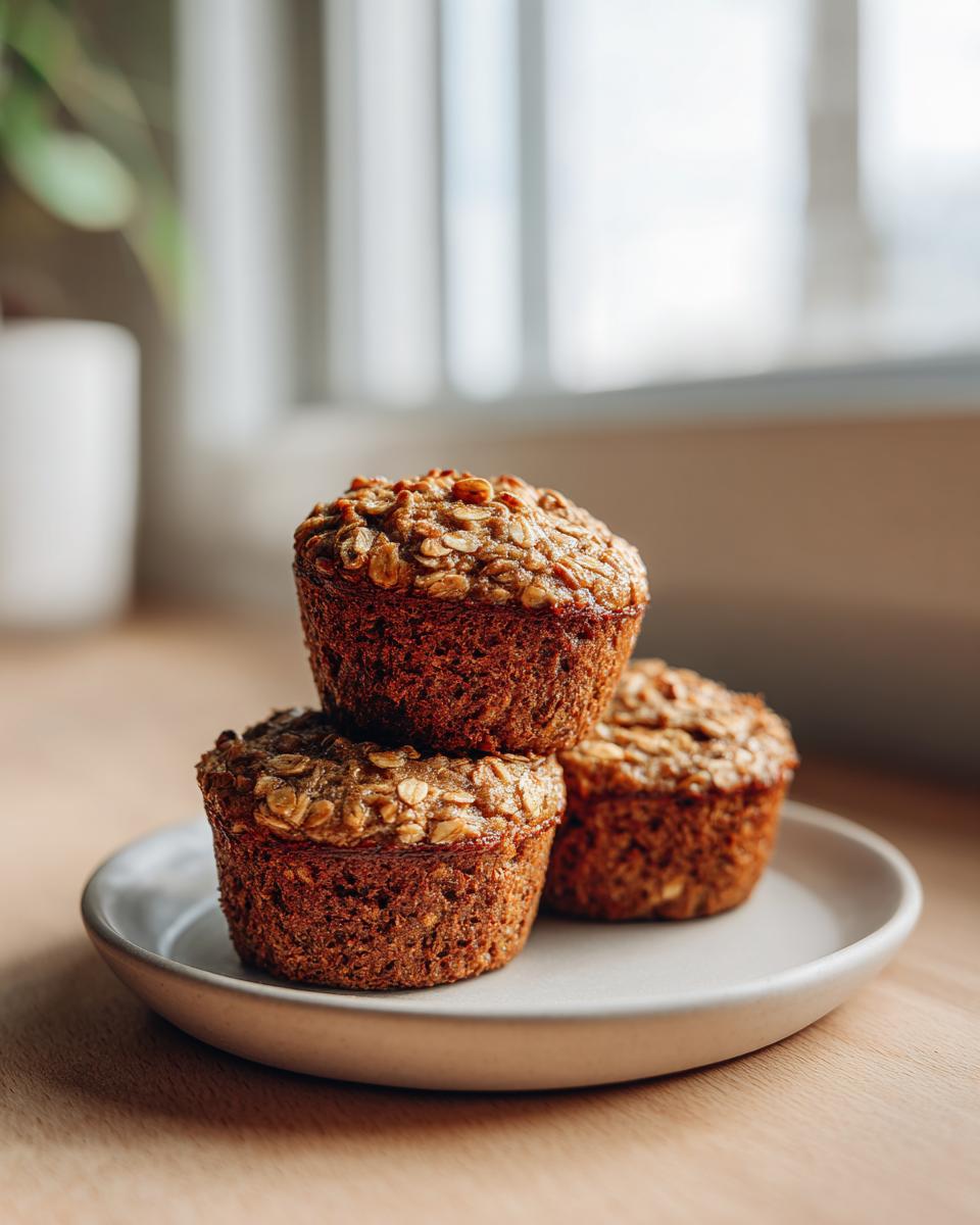 Three freshly baked, moist oatmeal muffins stacked on a small plate, featuring a visible oat topping.