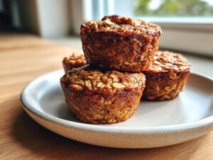 Three golden brown, moist oatmeal muffins stacked on a light ceramic plate, featuring visible rolled oats on top.