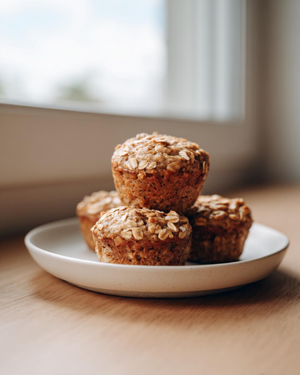 A stack of four moist oatmeal muffins topped with rolled oats, resting on a small white plate.