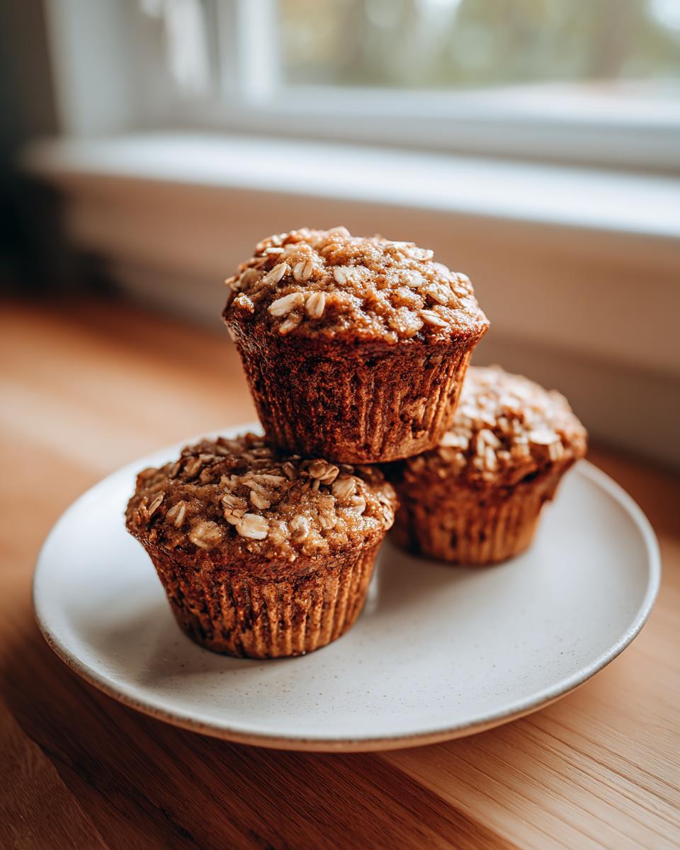 Three freshly baked oatmeal muffins stacked on a speckled white plate near a bright window.