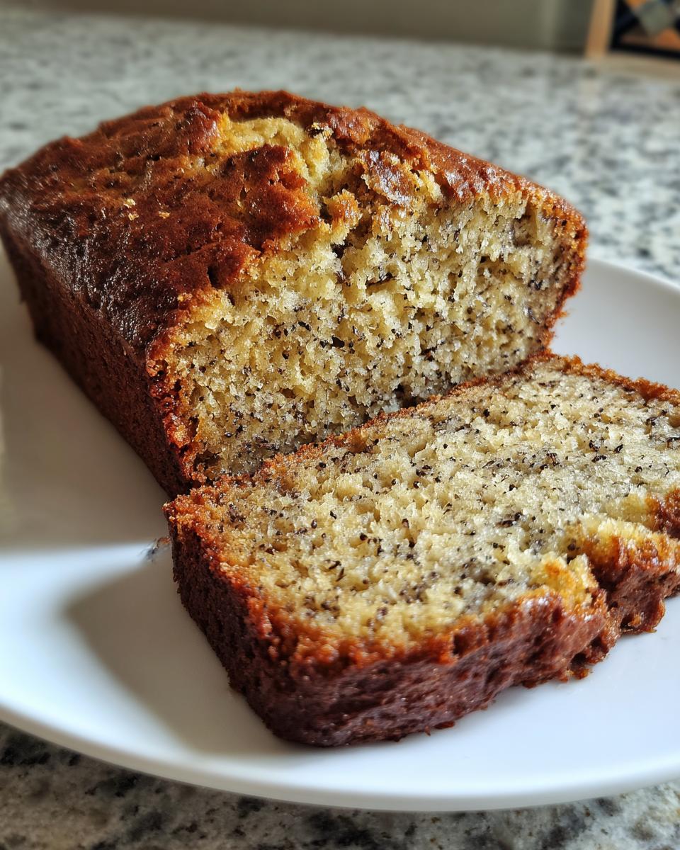 Close-up of a loaf of moist sugar free banana bread with one slice cut, showing the speckled texture.