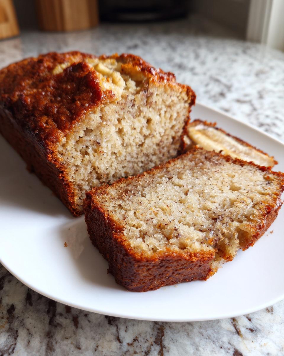 A loaf of moist sugar free banana bread, partially sliced, resting on a white plate.