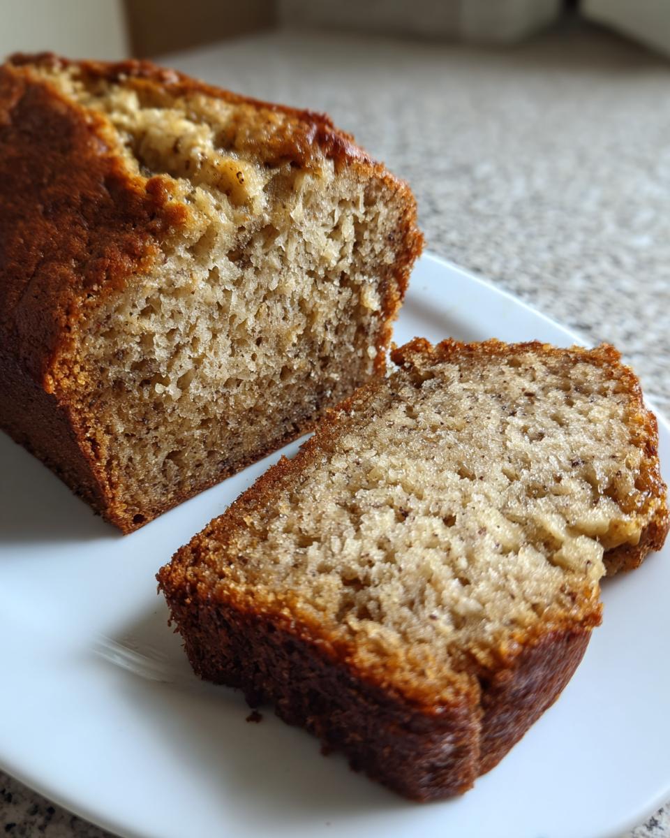 A moist loaf of sugar free banana bread, partially sliced on a white plate.