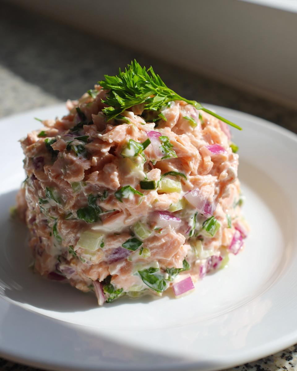 A molded tower of creamy salmon salad mixed with red onion and celery, topped with fresh dill.