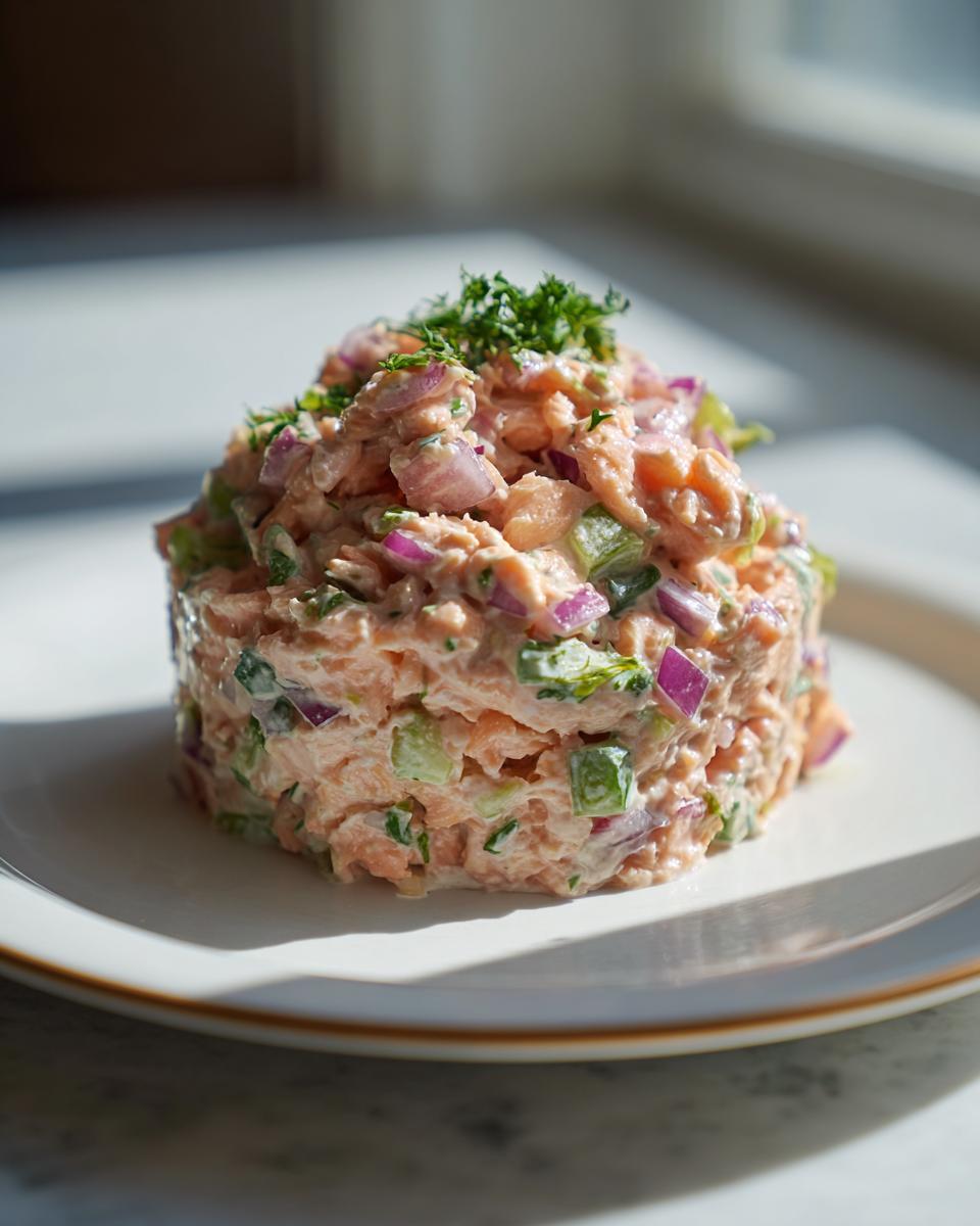 A perfectly molded serving of creamy salmon salad mixed with red onion and celery, garnished with fresh herbs.