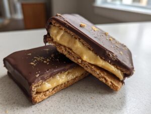 Two no bake buckeye graham crackers stacked, showing the peanut butter filling and chocolate coating.