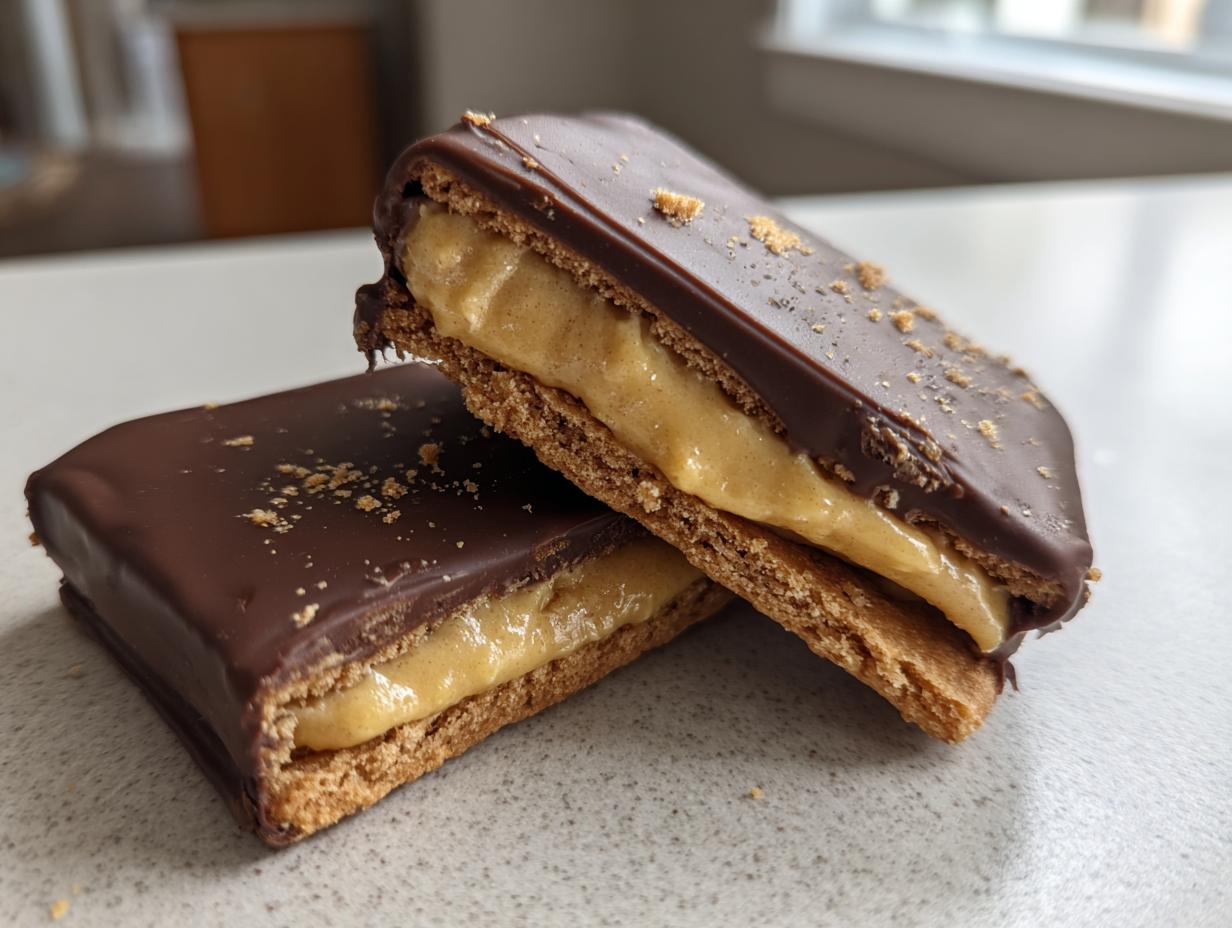 Two no bake buckeye graham crackers stacked, showing the peanut butter filling and chocolate coating.