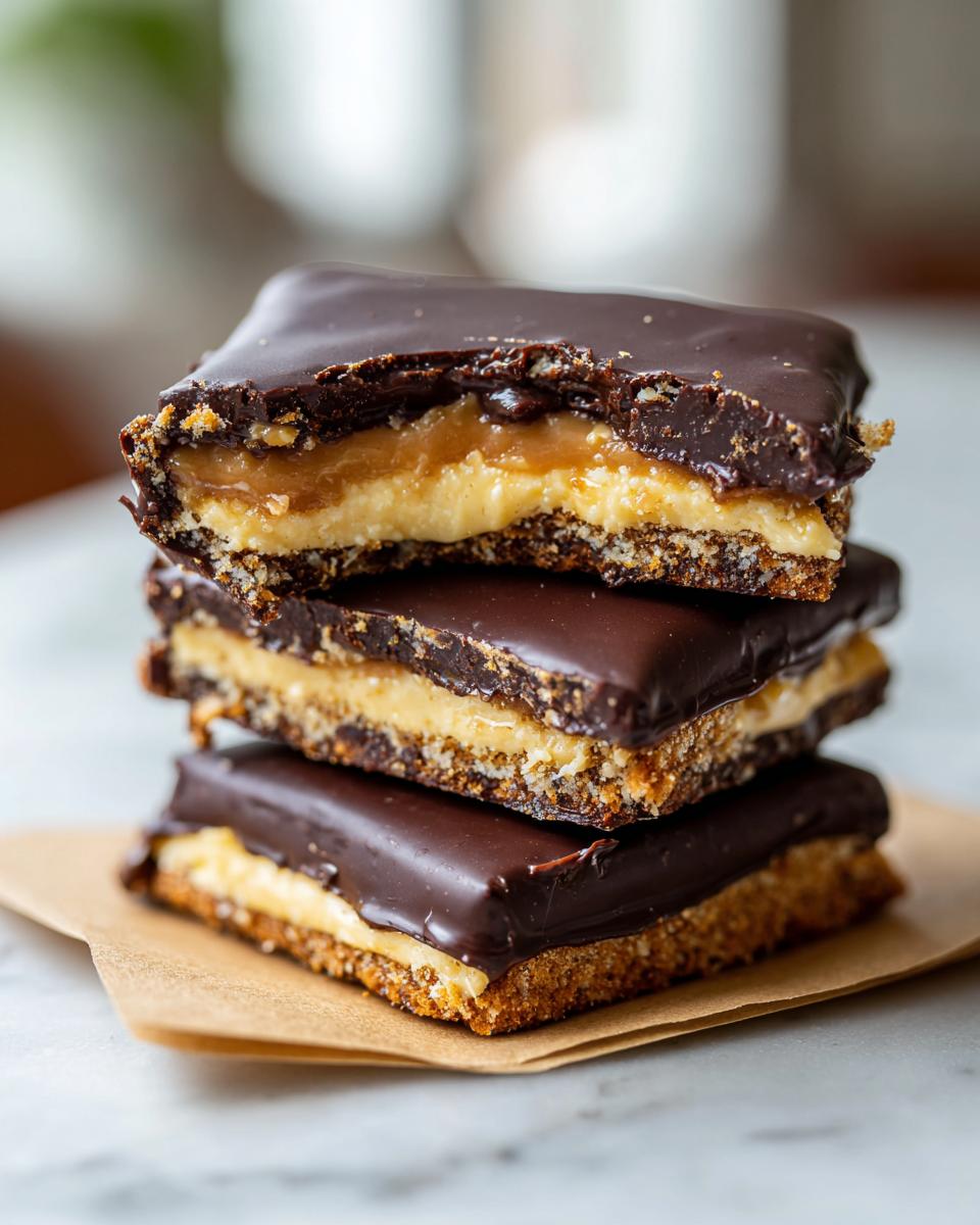 A stack of three no bake buckeye graham crackers bars showing the chocolate coating, peanut butter filling, and graham cracker base.