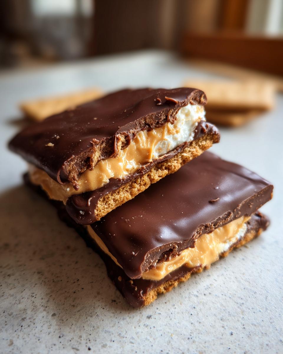 Two stacked no bake buckeye graham crackers treats featuring chocolate coating, peanut butter filling, and marshmallow.