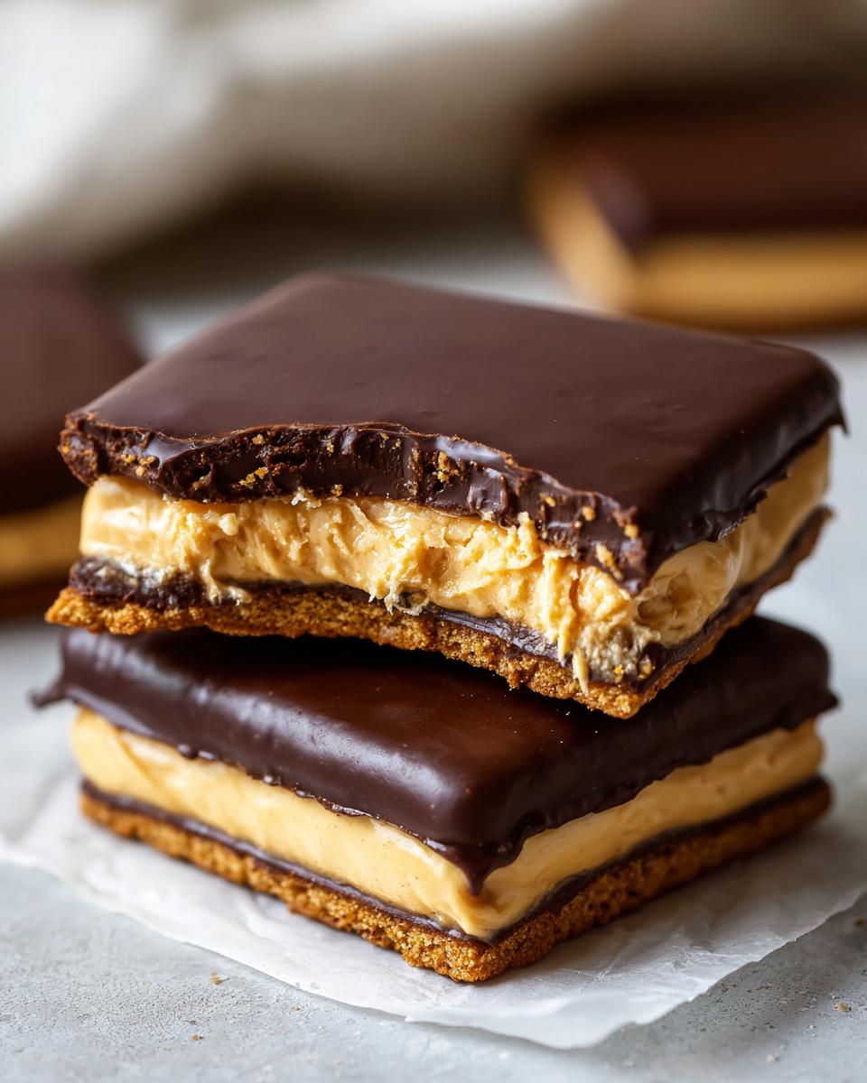 Two stacked no bake buckeye graham crackers squares featuring a peanut butter filling and chocolate coating.