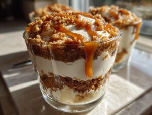 Close-up of a single serving of no-bake gingerbread trifle layered with cream and topped with caramel sauce.