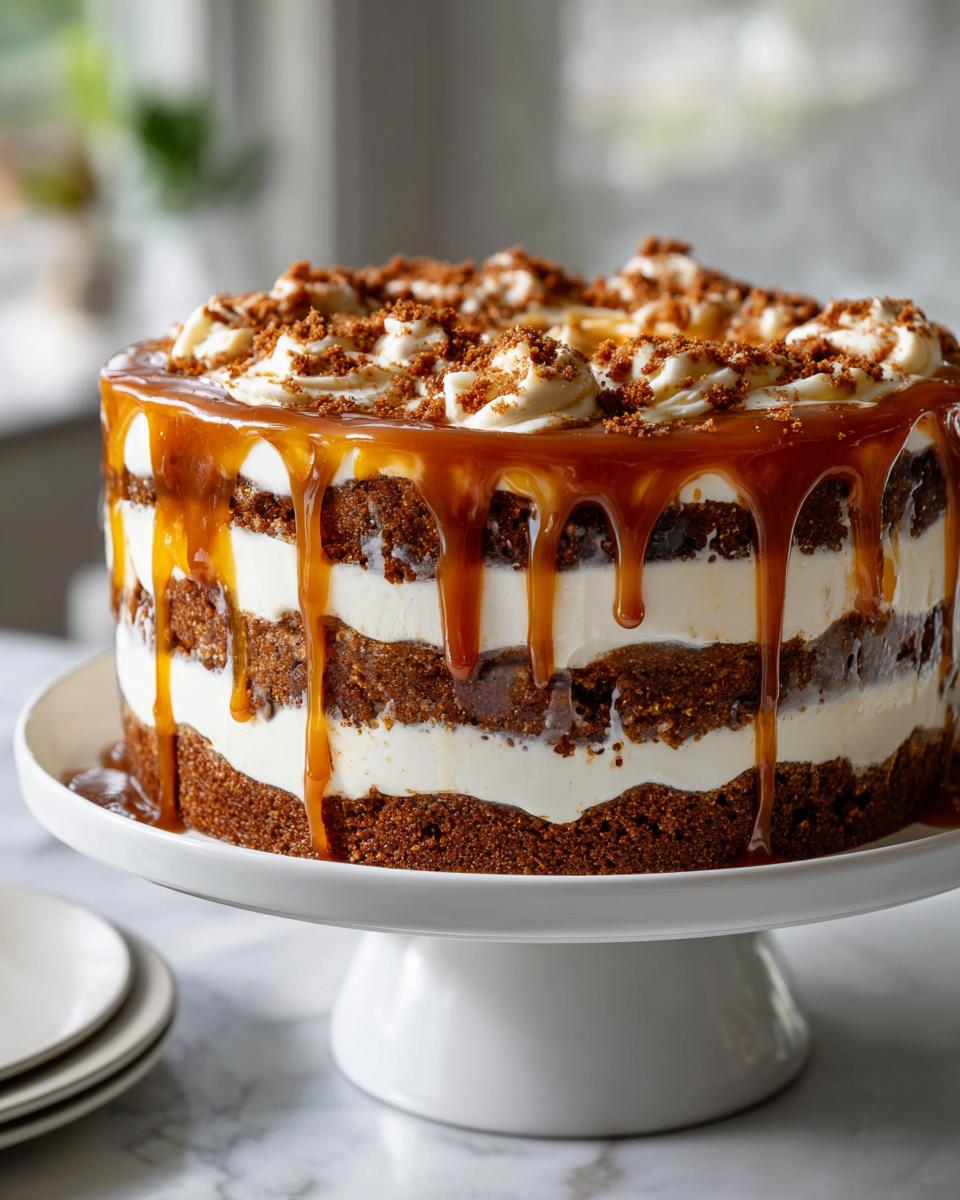 A tall, layered gingerbread trifle featuring dark cake layers, white cream filling, and a thick caramel drizzle.