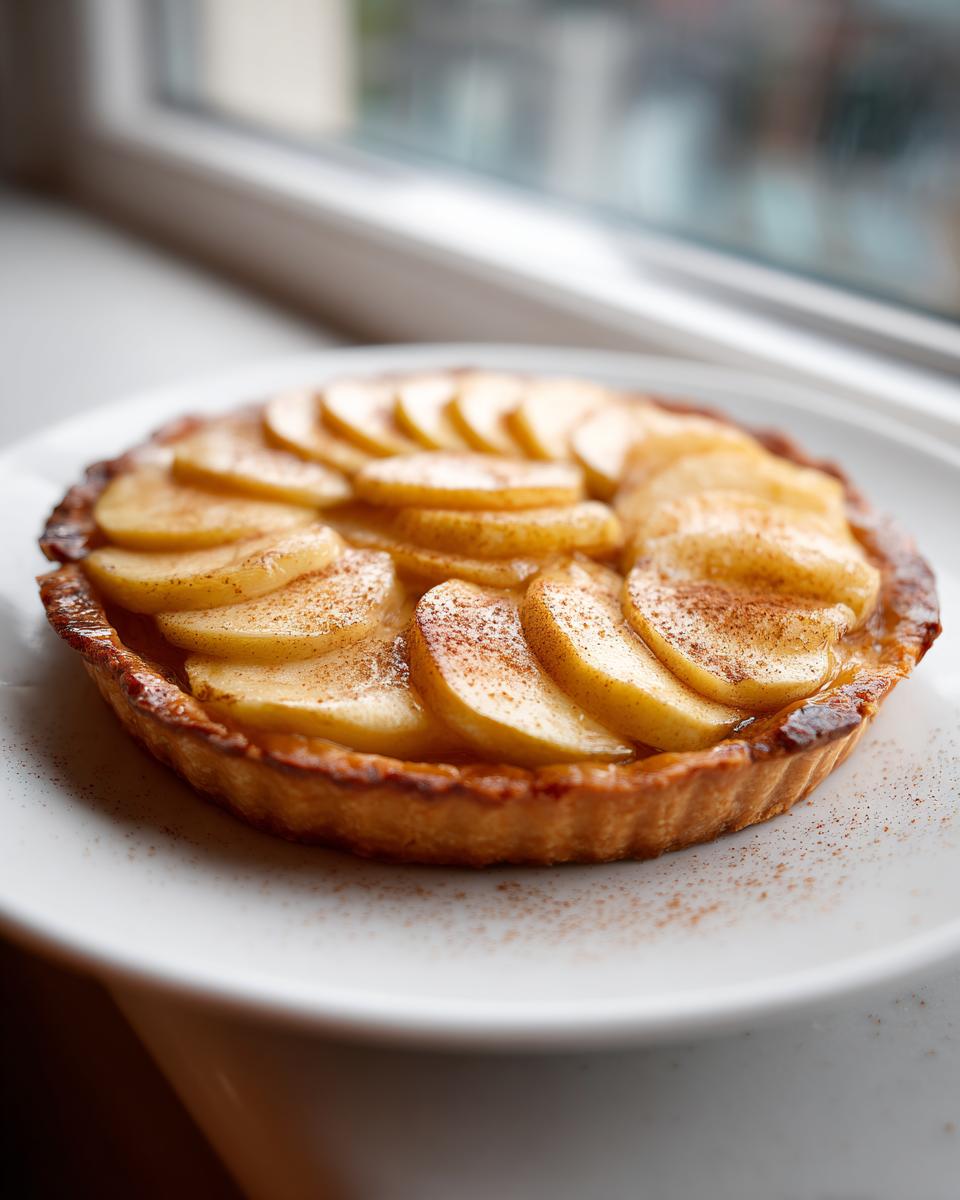 A freshly baked apple tart with thinly sliced apples arranged on top, dusted with cinnamon, sitting on a white plate.