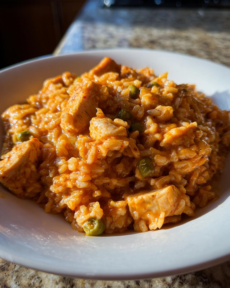 Close-up of creamy, orange-hued rice mixed with chunks of seasoned cajun chicken and green peas in a white bowl.