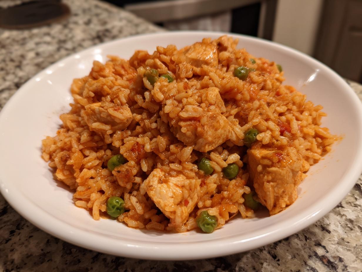 A close-up of a white bowl filled with seasoned rice, chunks of chicken, and green peas, representing the Cajun chicken recipe.