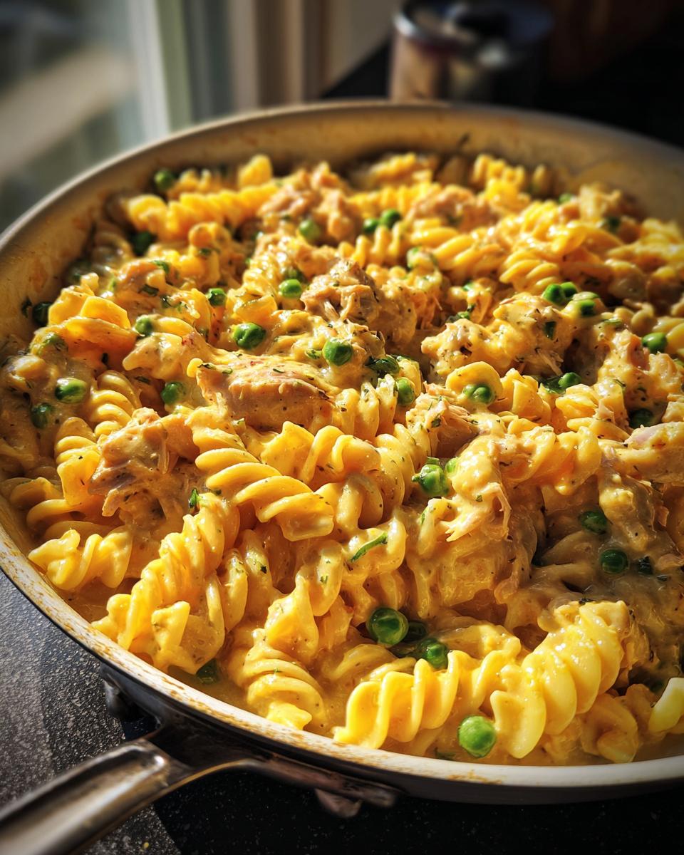 Close-up of creamy tuna pasta made with rotini noodles, tuna chunks, and bright green peas in a skillet.