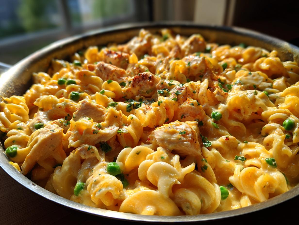 Close-up of creamy, cheesy tuna pasta with peas and chunks of protein in a stainless steel skillet.