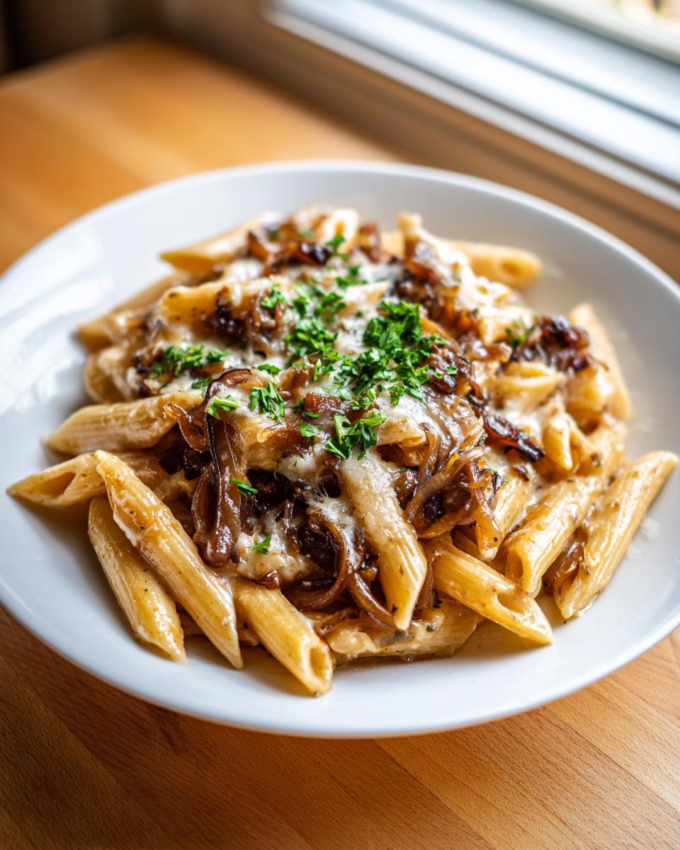 Close-up of a white bowl filled with creamy french onion pasta topped with caramelized onions, melted cheese, and fresh parsley.