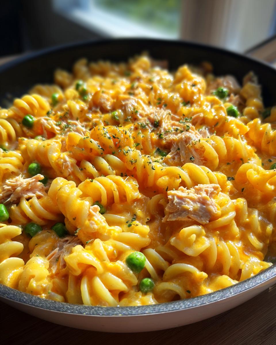 Close-up of cheesy tuna pasta made with rotini, tuna chunks, and green peas, topped with herbs.