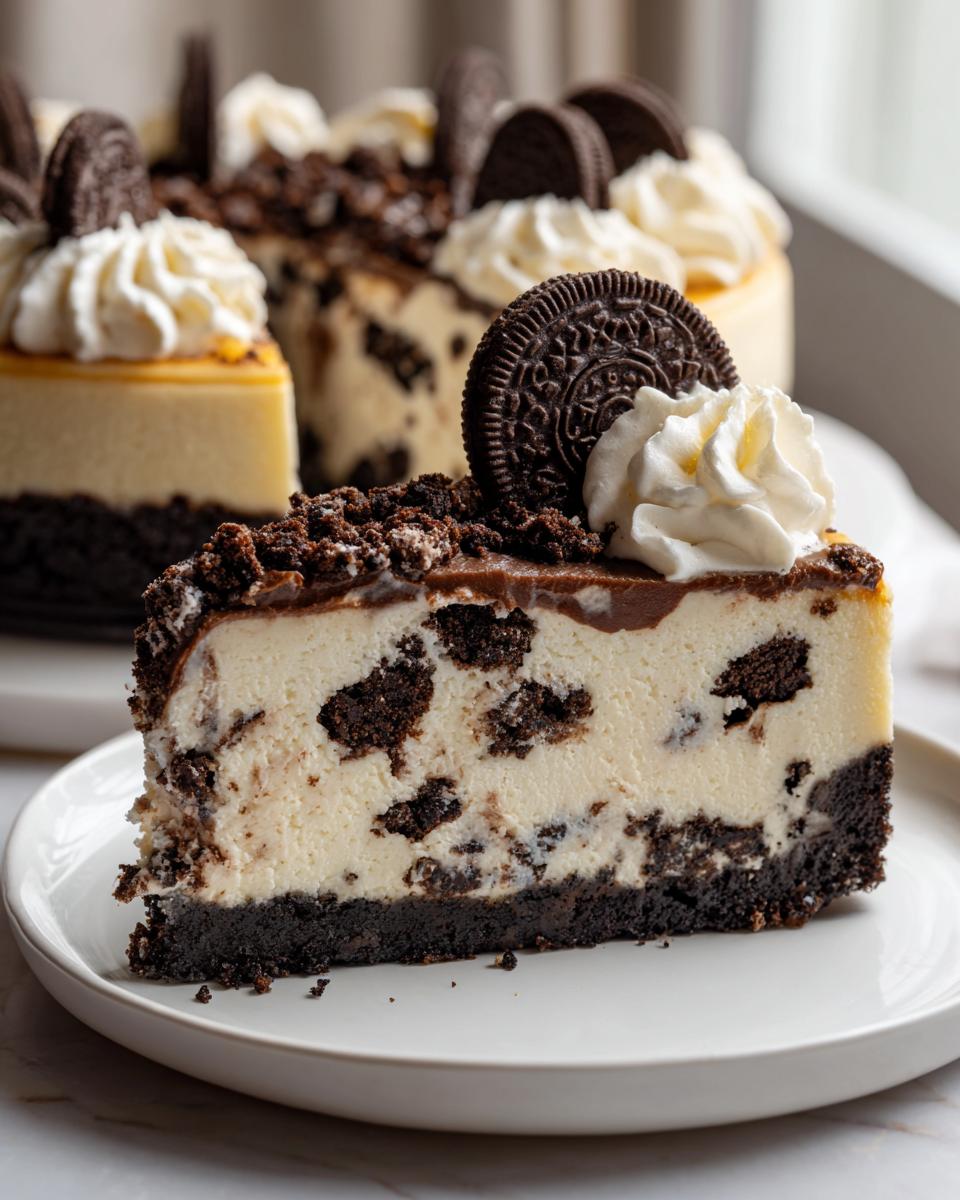 A close-up slice of rich Oreo cheesecake featuring a dark crust, creamy filling with cookie chunks, and topped with whipped cream and a whole Oreo cookie.