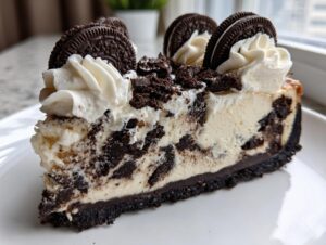 A decadent slice of Oreo cheesecake featuring a thick chocolate crust, creamy filling mixed with cookie pieces, topped with whipped cream and whole Oreos.