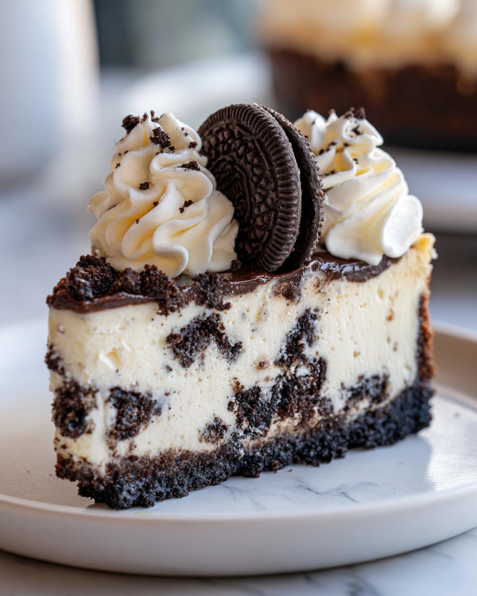 A close-up of a decadent slice of Oreo cheesecake with chunks of cookies mixed in, topped with chocolate ganache, whipped cream, and a whole Oreo cookie.