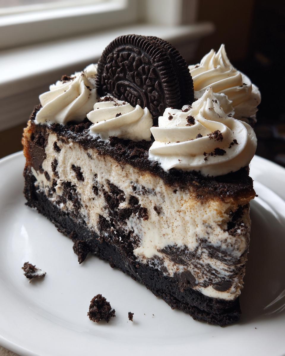 A decadent slice of Oreo cheesecake featuring a thick chocolate crust, creamy filling loaded with cookie pieces, and topped with whipped cream and a whole Oreo.