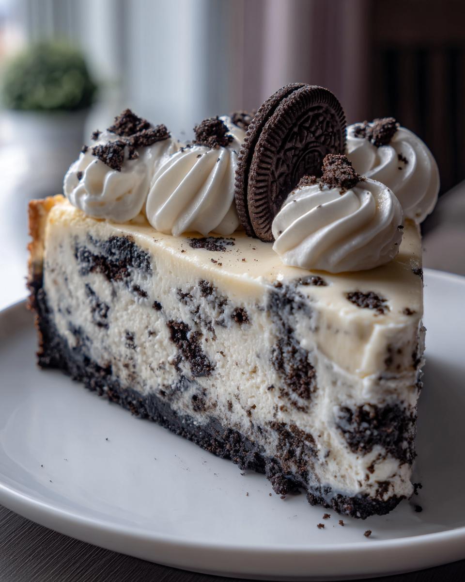 A decadent slice of Oreo cheesecake loaded with cookie chunks, topped with piped whipped cream and a whole Oreo cookie.