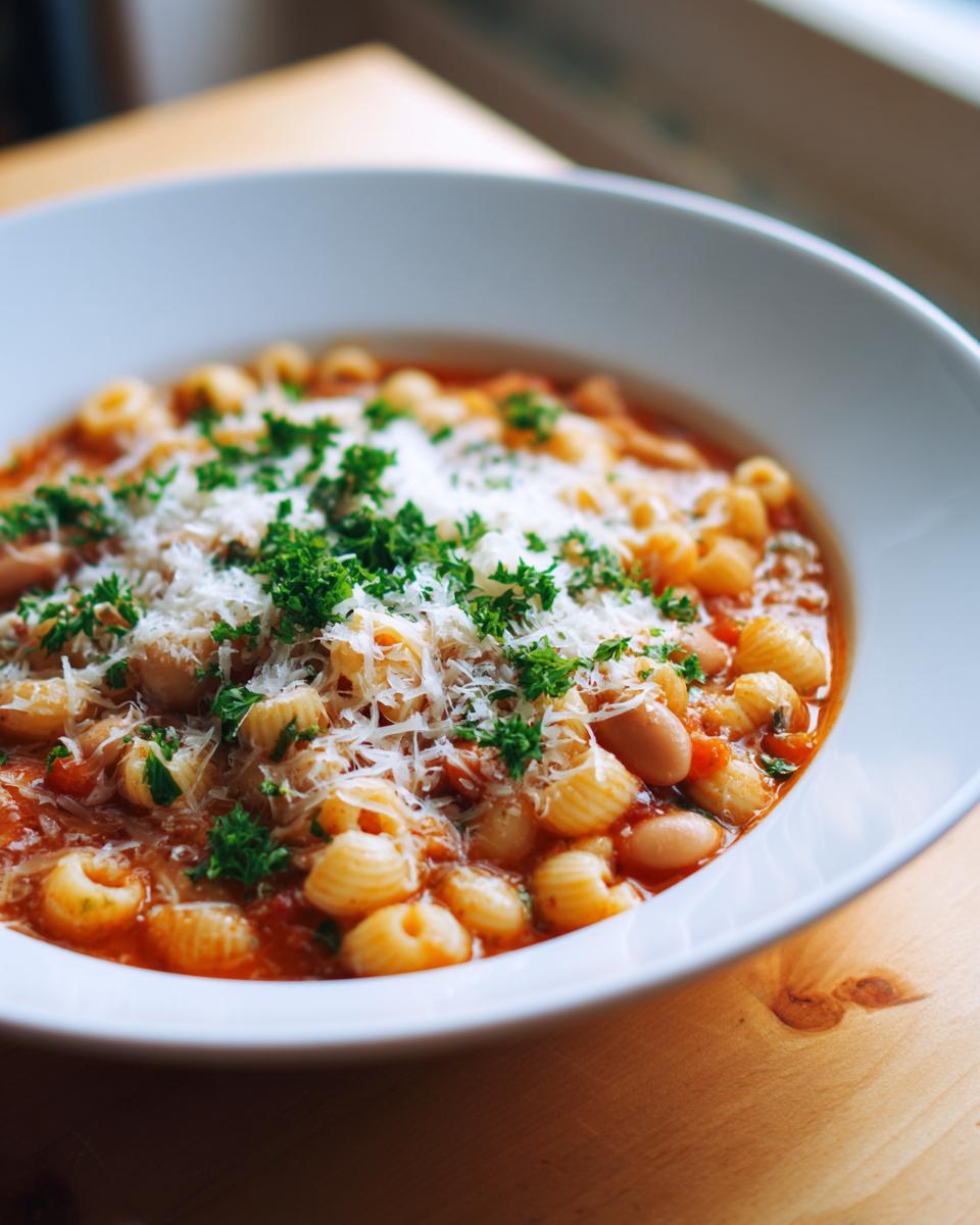 A close-up of a white bowl filled with rich pasta e fagioli soup, topped with grated Parmesan cheese and fresh parsley.