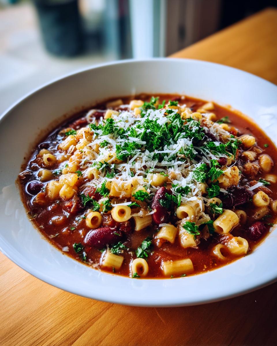 Close-up of a bowl of rich, tomato-based pasta e fagioli soup topped with grated cheese and fresh parsley.