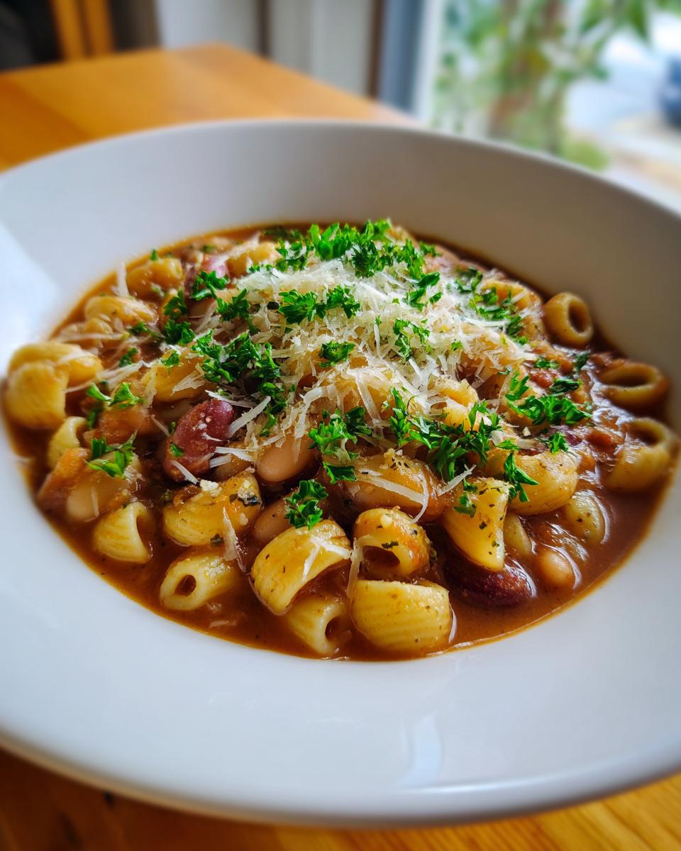 A close-up of a white bowl filled with rich Pasta e Fagioli soup, topped with grated Parmesan cheese and fresh parsley.