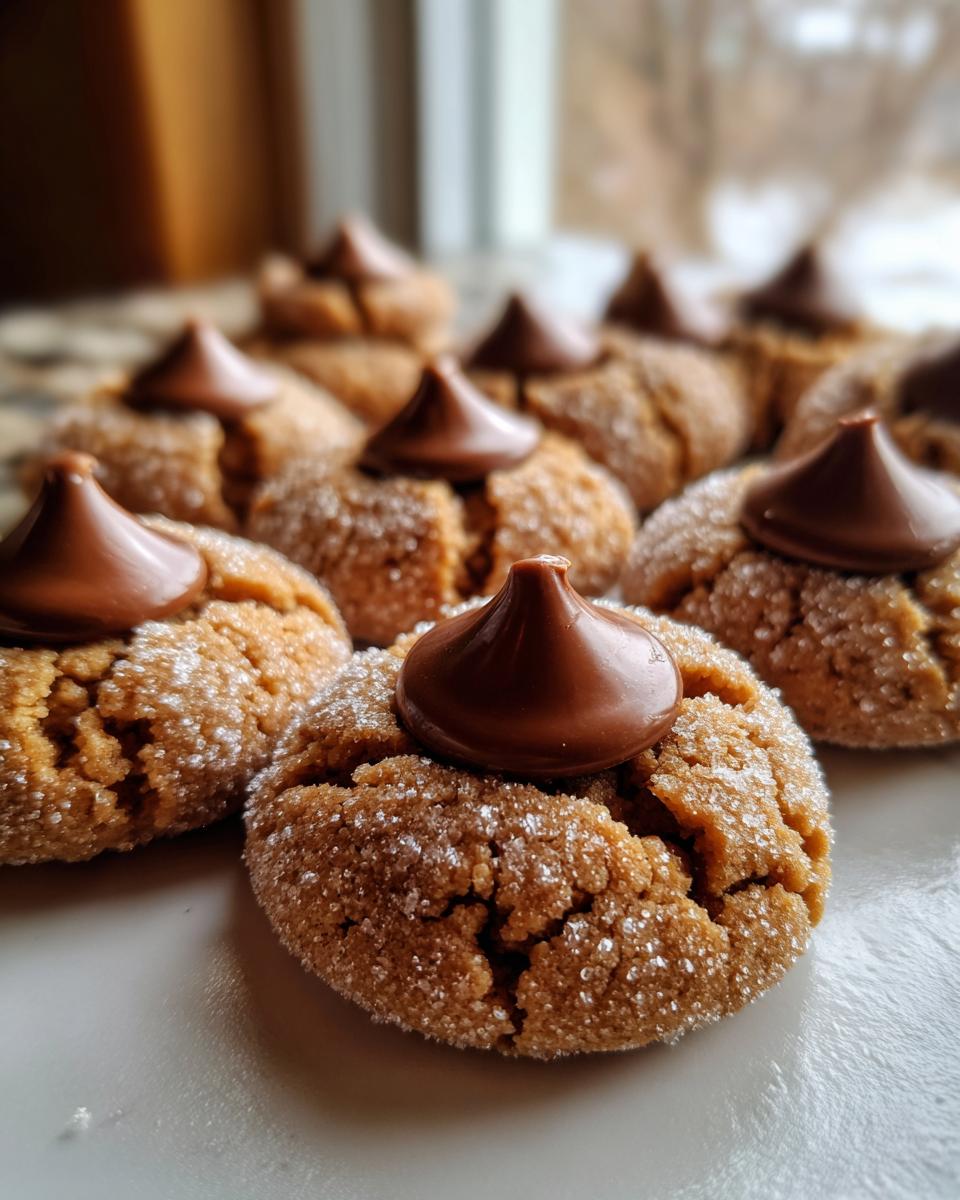 A close-up of several freshly baked peanut butter kiss cookies rolled in sugar, each topped with a melted chocolate kiss.