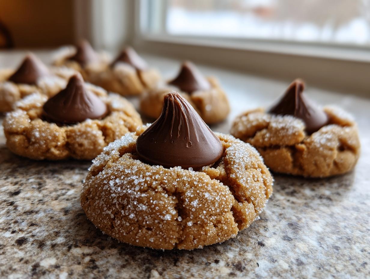 A close-up of freshly baked peanut butter kiss cookies rolled in sugar, each topped with a chocolate Hershey's Kiss.