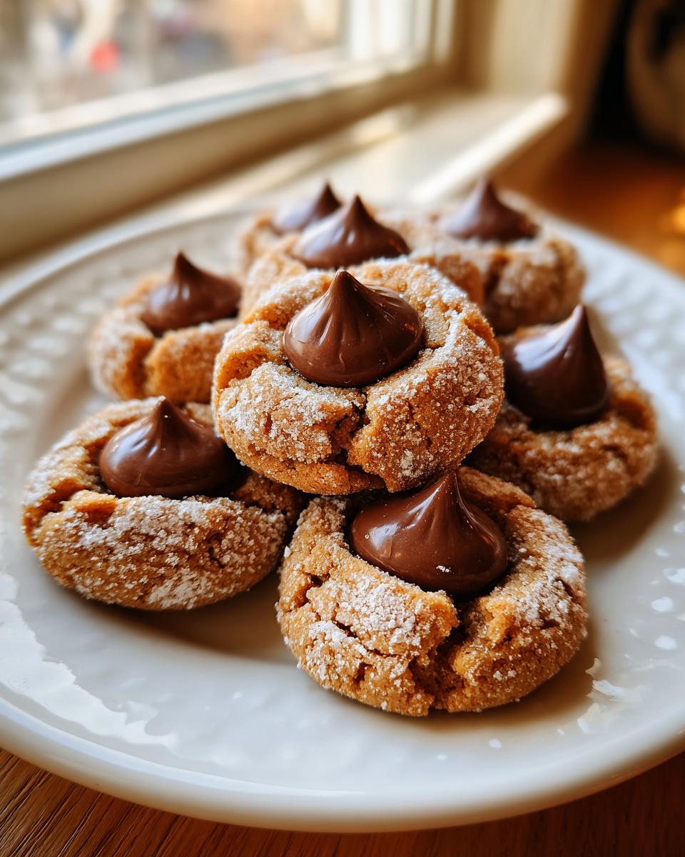 A plate of freshly baked peanut butter kiss cookies, dusted with powdered sugar and topped with a chocolate candy.