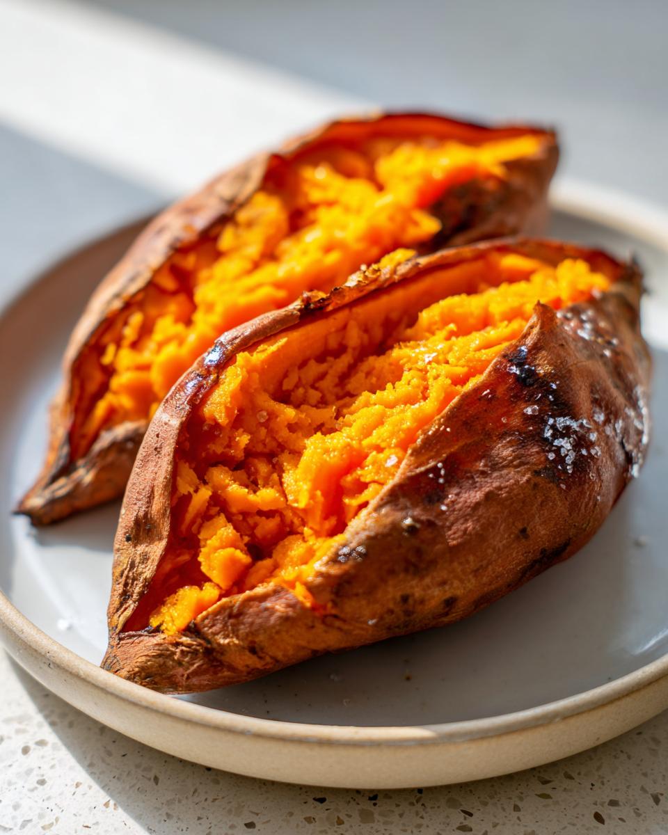 Two halves of a perfectly baked sweet potato, showing fluffy orange interior and sprinkled sea salt.