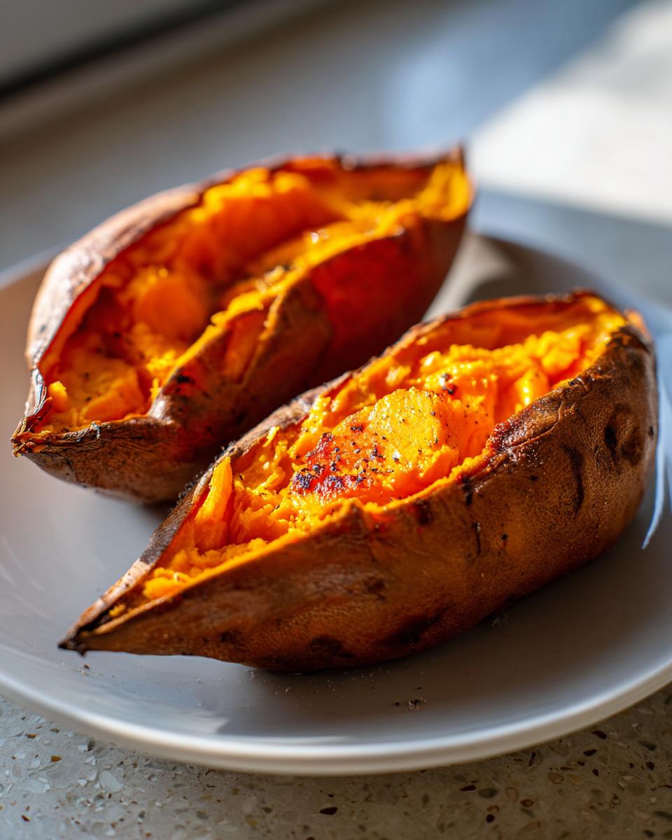 Two halves of a perfectly baked sweet potato, showing the bright orange, fluffy interior seasoned with pepper.
