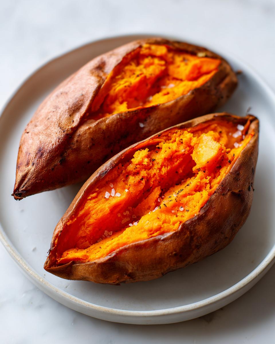 Two perfectly baked sweet potato halves, split open to show fluffy orange flesh seasoned with flaky salt.