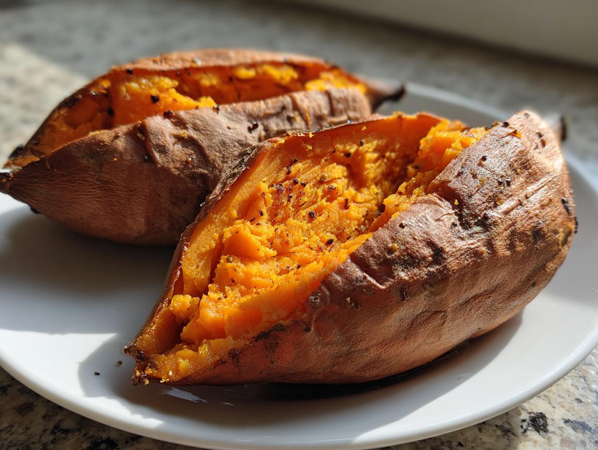 Two halves of a perfectly baked sweet potato showing fluffy orange flesh seasoned with pepper.
