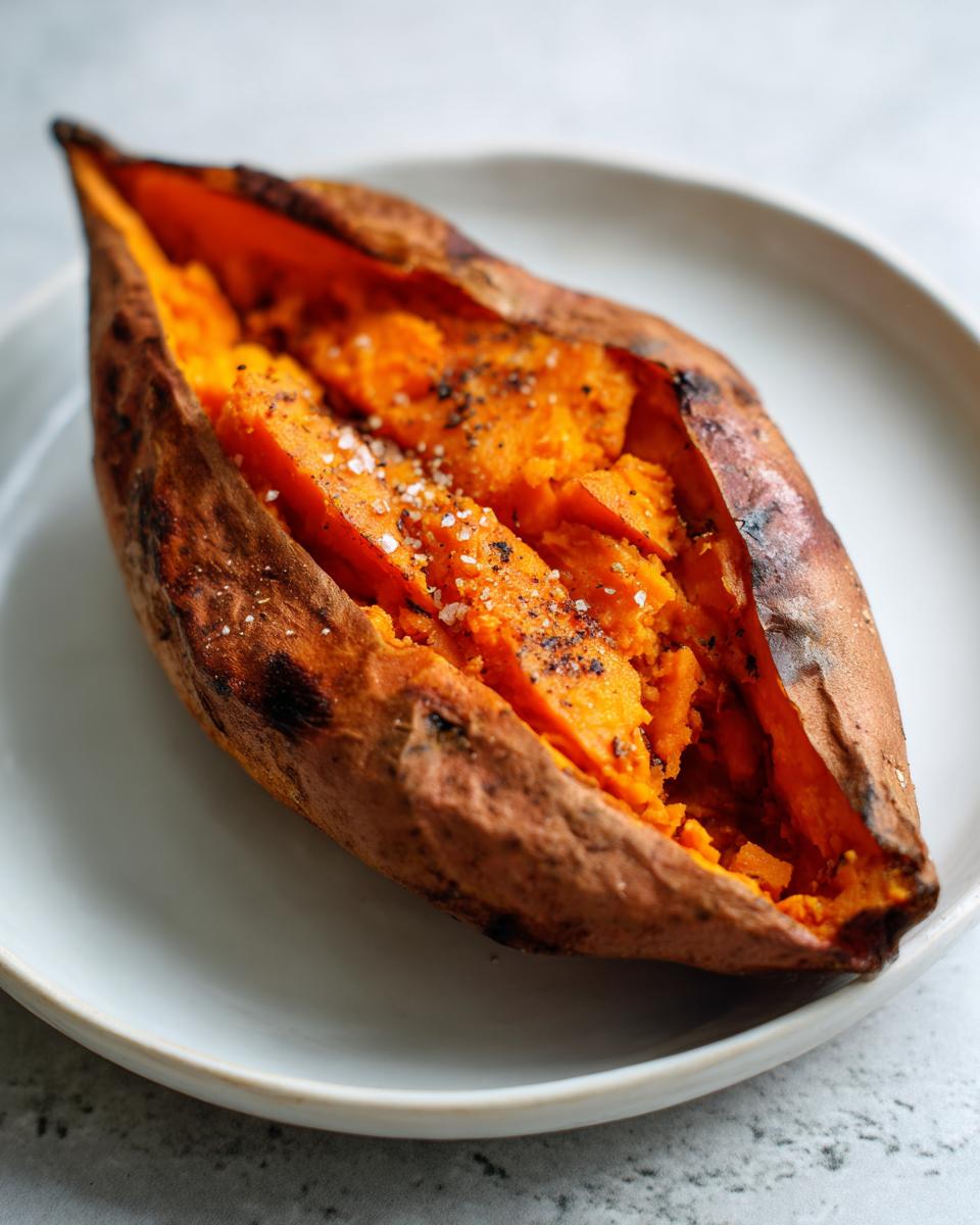 A perfectly baked sweet potato, split open and seasoned with flaky salt and pepper, ready to eat.