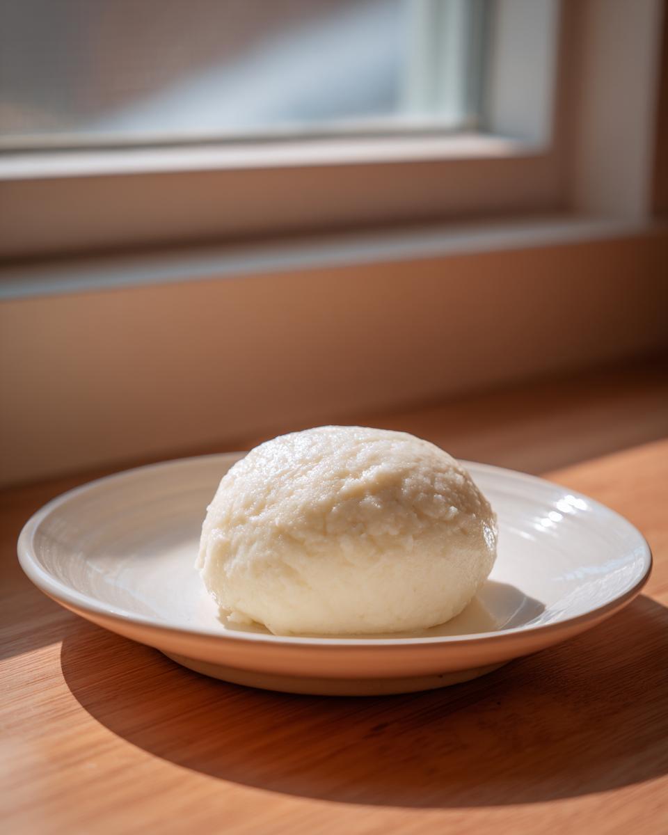 A single, smooth ball of white fufu resting on a light-colored plate near a window.