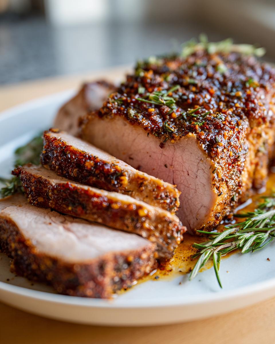 Close-up of a perfectly cooked pork loin roast, sliced and topped with a flavorful mustard and herb crust.